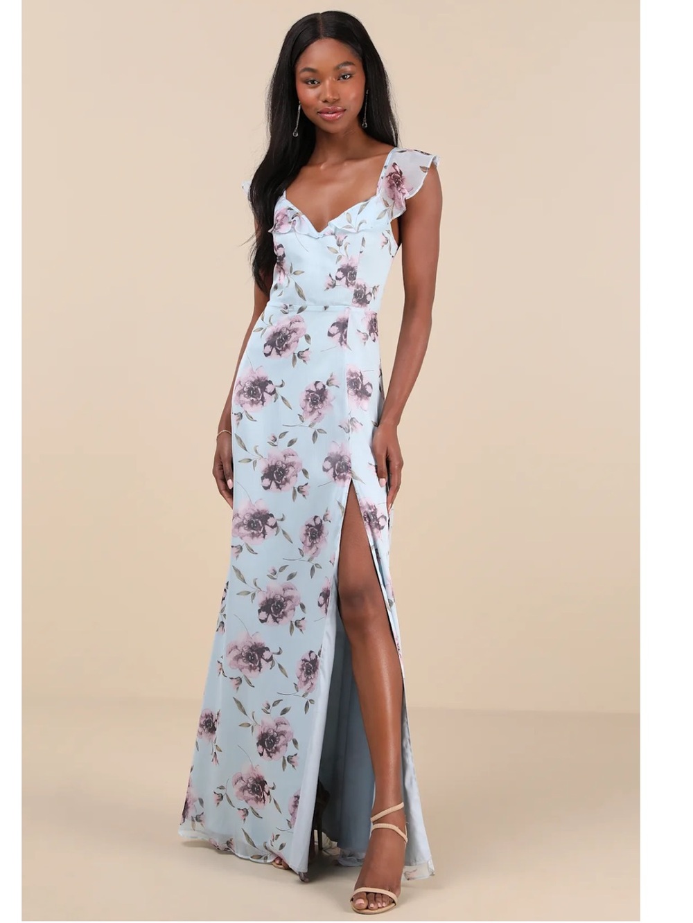 Lulus Sweetest Entrance Light Blue Floral Ruffled Tie-Back Maxi Dress Event